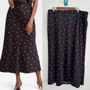 A New Day Women’s Satin Midi Skirts Lips print Black 1X NWT